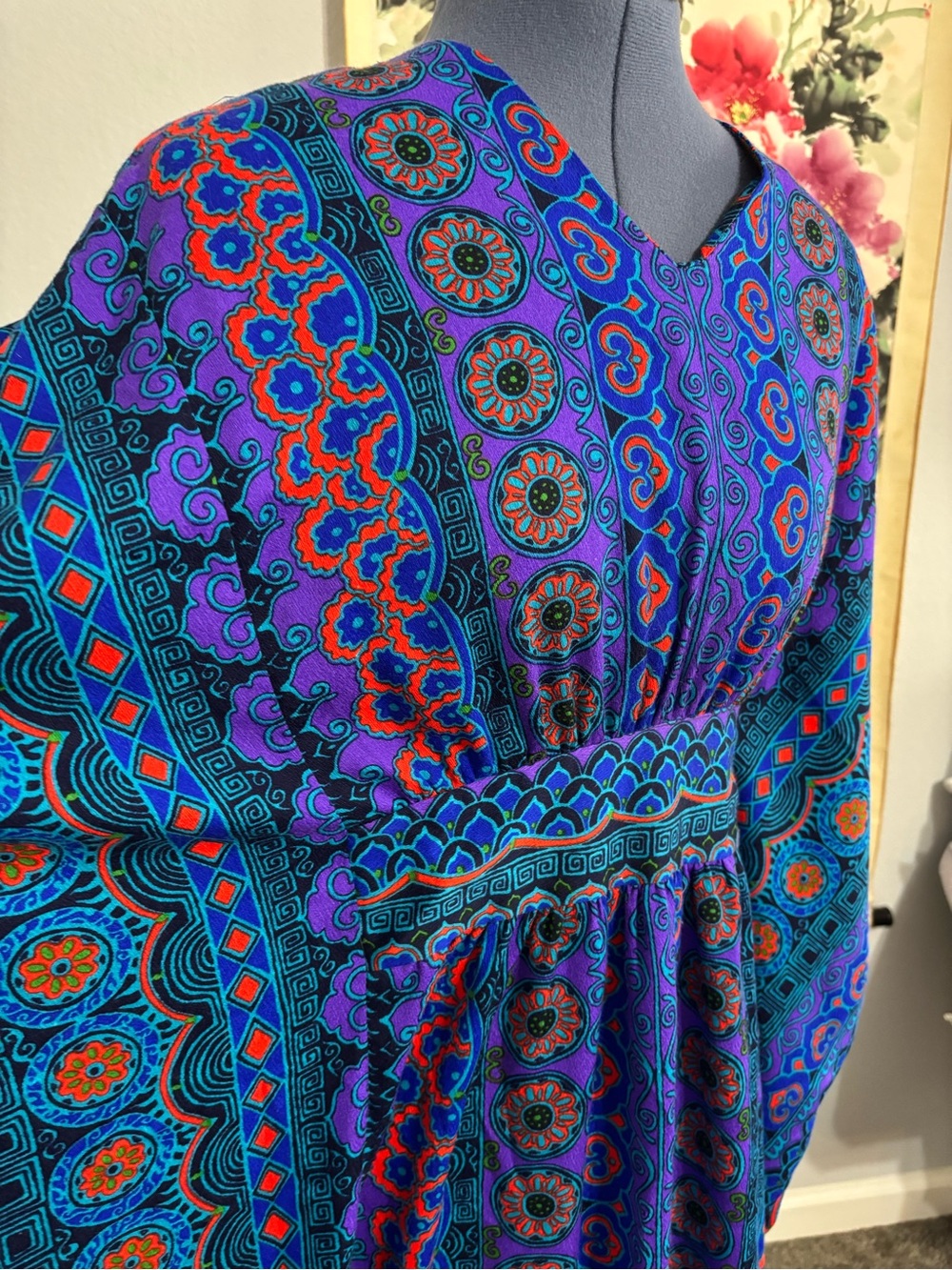Vintage Psychedelic Neon Caftan V-Neck Maxi Dress - Picture 4 of 9